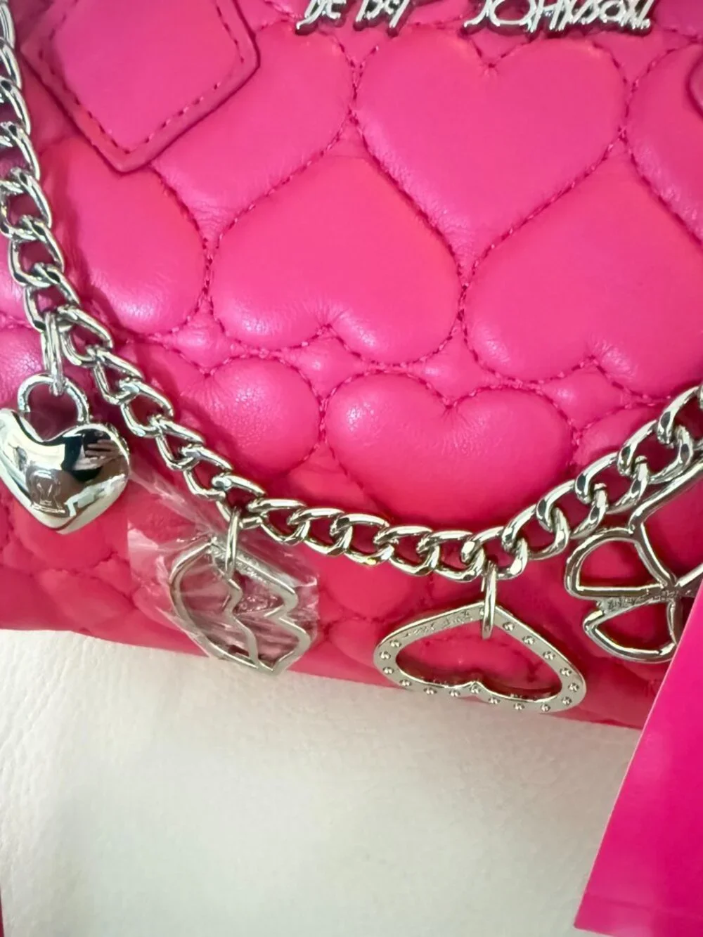 NWT Betsey Johnson xojean W/ Chain Satchel Crossbody Quilted Hearts Hot Pink